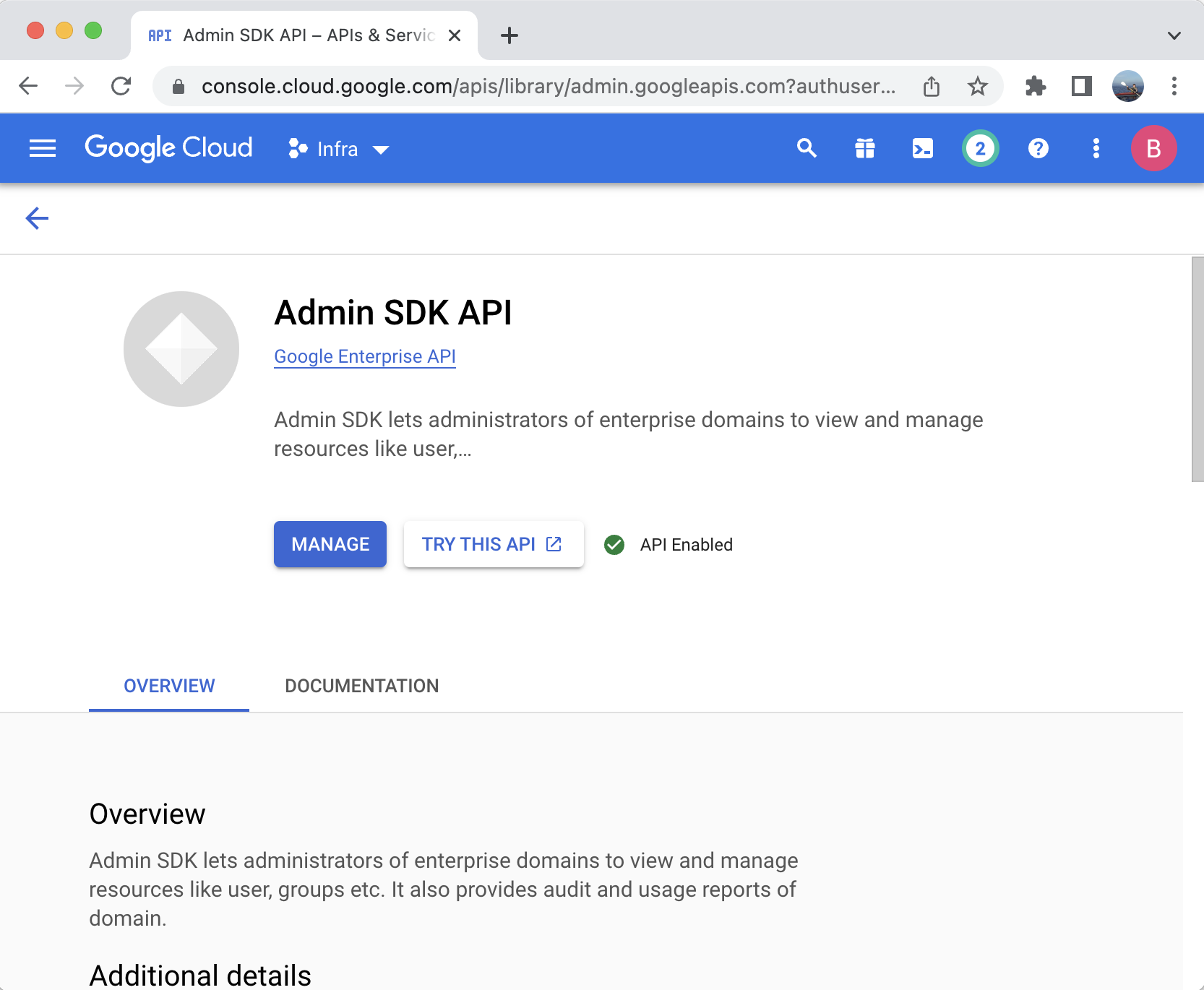 Enabled Admin SDK API